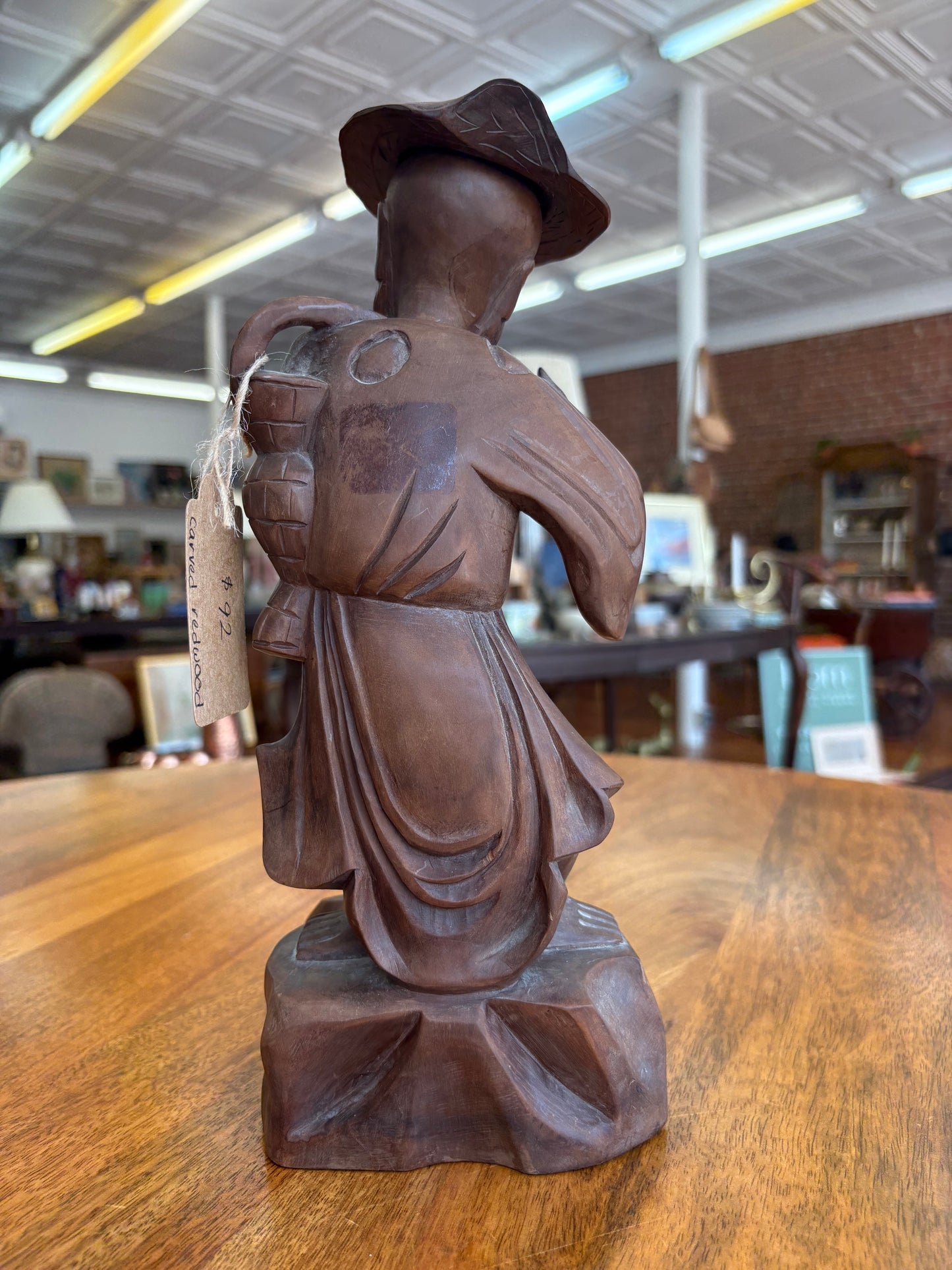 Vintage Chinese Fisherman Wood Carving – Removable Hat, Red Cedar, 12″ Tall