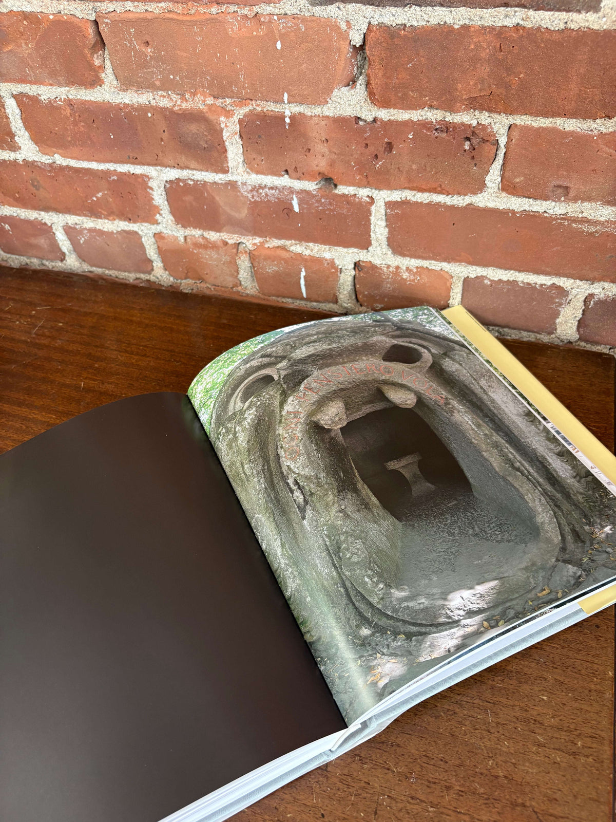 Bomarzo book open to a plate of a carved stone sculpture