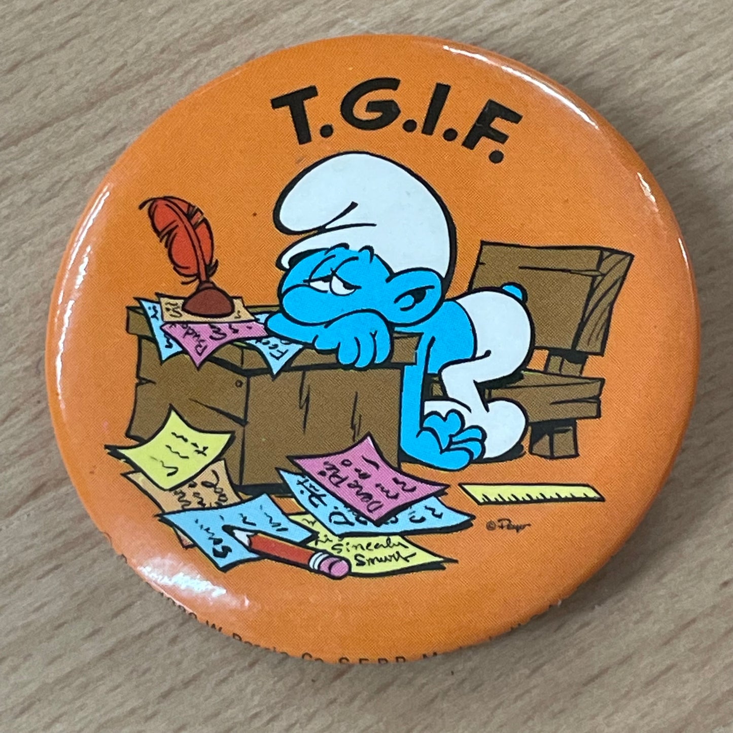 Vintage Smurfs TGIF Pinback Button – 1980s Collectible Cartoon Badge (2.25")