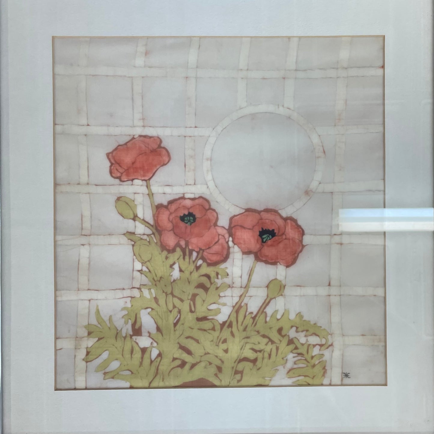 Framed Silk Poppy Artwork on Batik-Style Background, 1980s