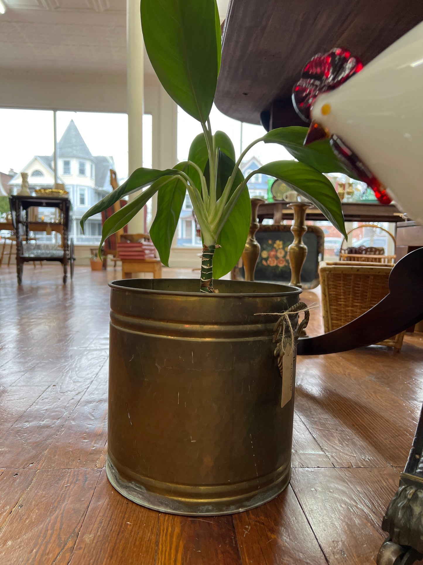 Hammered Brass Mask-Handle Planter Bucket – 10″ Round Vintage Cachepot