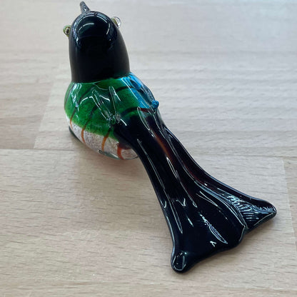 Art glass bird figurine — rear view showing the long tail