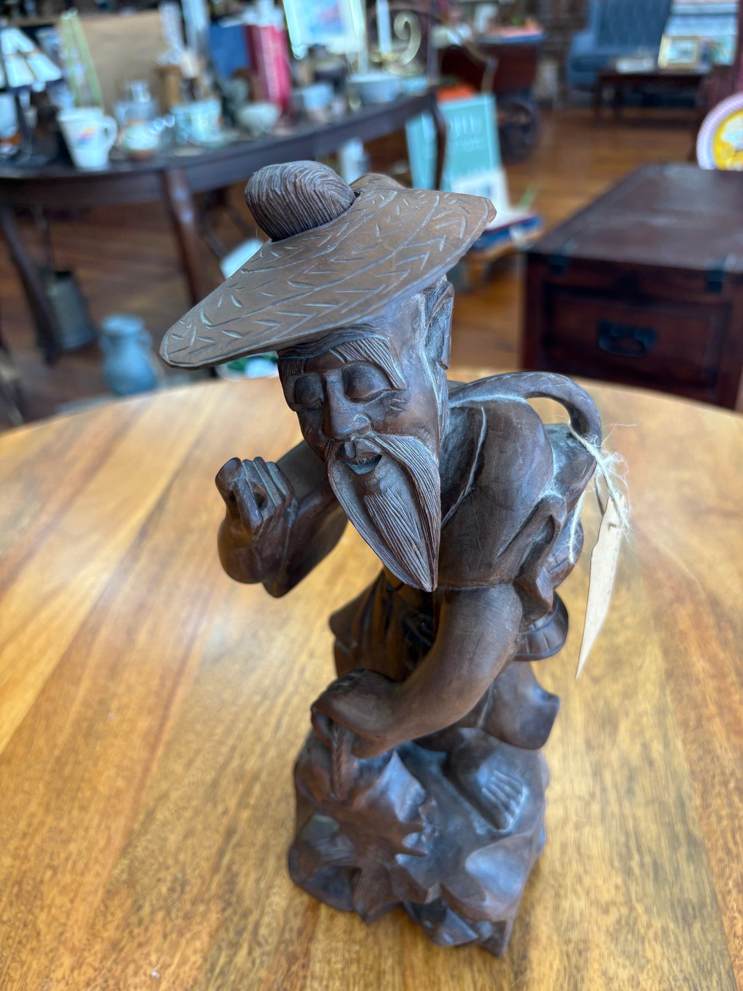Vintage Chinese Fisherman Wood Carving – Removable Hat, Red Cedar, 12″ Tall
