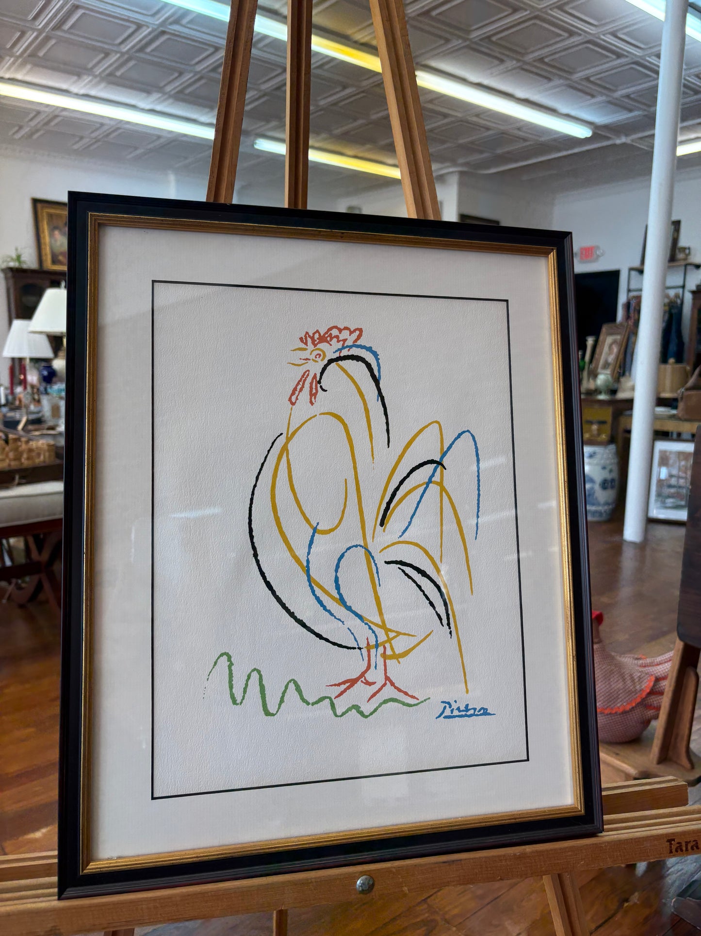 Picasso-Inspired “Le Coq” Line-Drawing Print – Mid-Century Modern Black/Gold Frame 17″