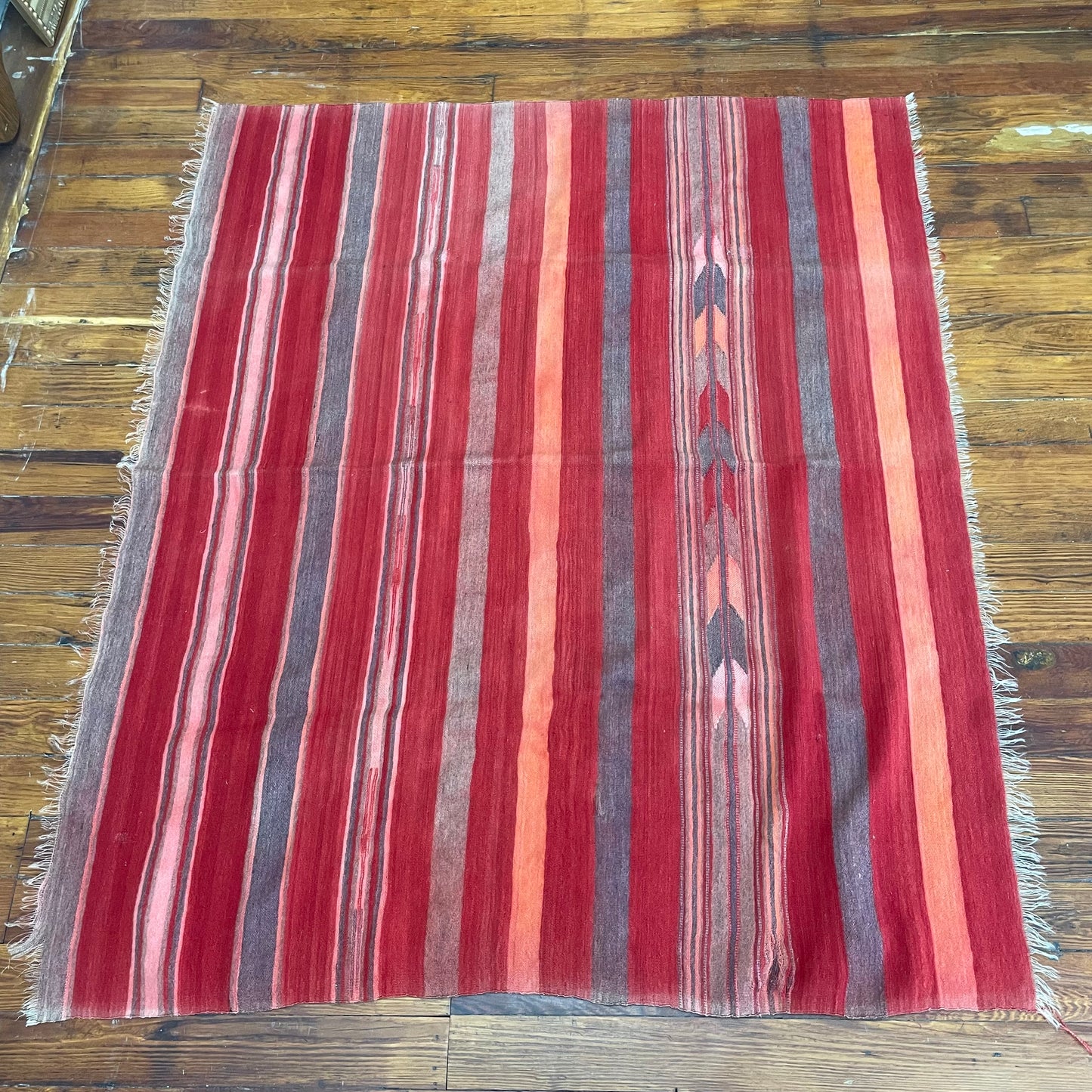 Vintage Wool Red Striped Blanket with Fringe – Handwoven Bohemian Throw (64” x 53”)