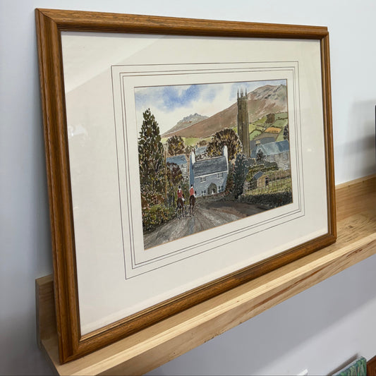 Signed English Countryside Watercolor — Riders on a Lane, Framed 26" × 20.5"