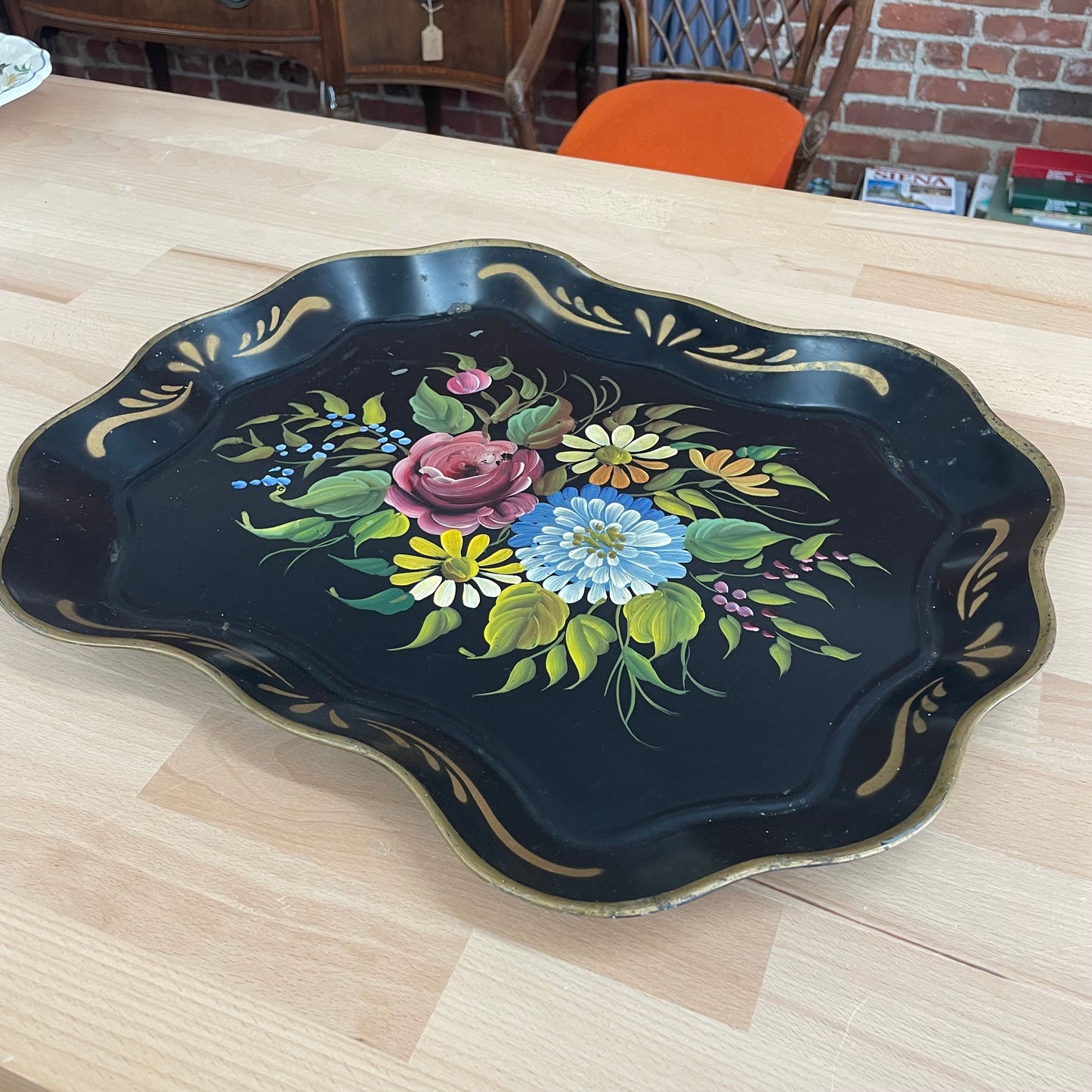 Vintage E.T. Nash Hand Painted Black Toleware Floral Metal Tray
