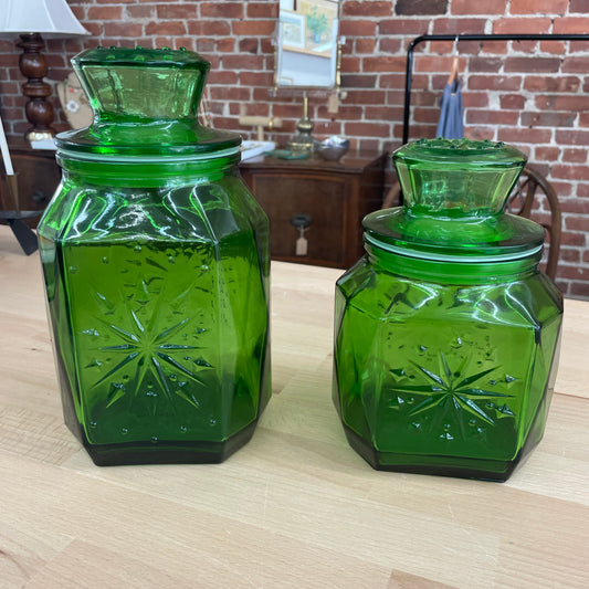 Vintage Wheaton Green Glass Canisters – Set of 2 with Starburst Design