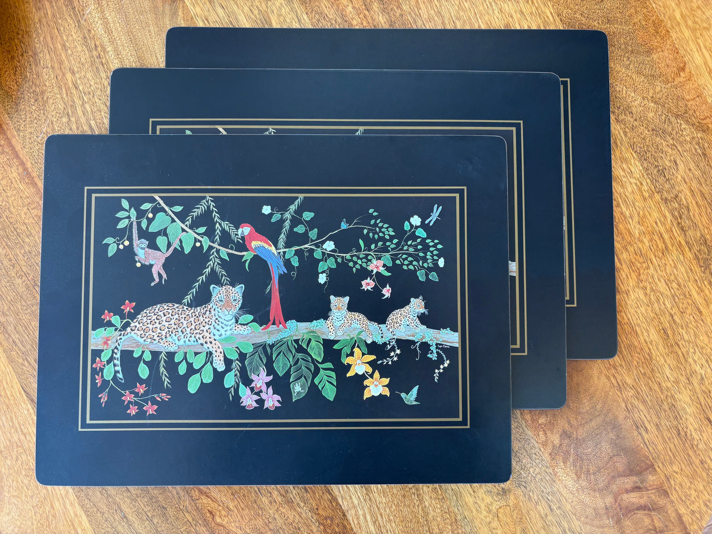 Lady Clare “Jaguar Jungle” Cork-Back Placemats – Lynn Chase Leopards, Set of 3