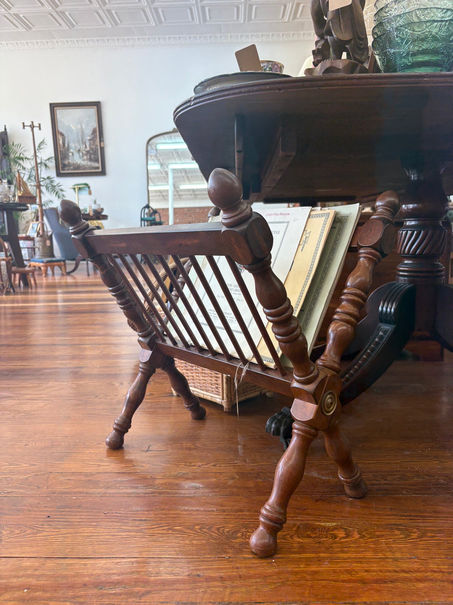 Victorian-Style Folding Wooden Magazine Rack with Turned Legs