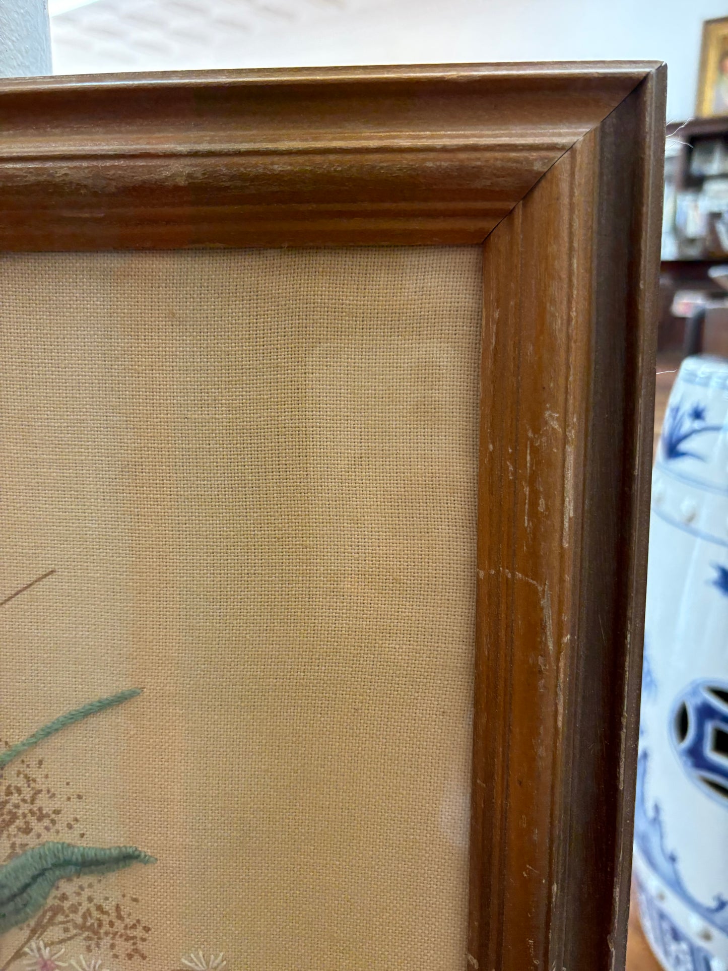 Vintage Floral Crewel Embroidery – Framed Bouquet Needlepoint, 23″ × 19″