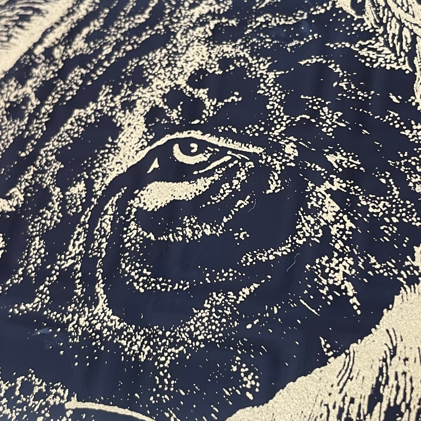 Vintage 1970s Gold Etched Lion Head on Black Glass, Wood Frame Wall Art