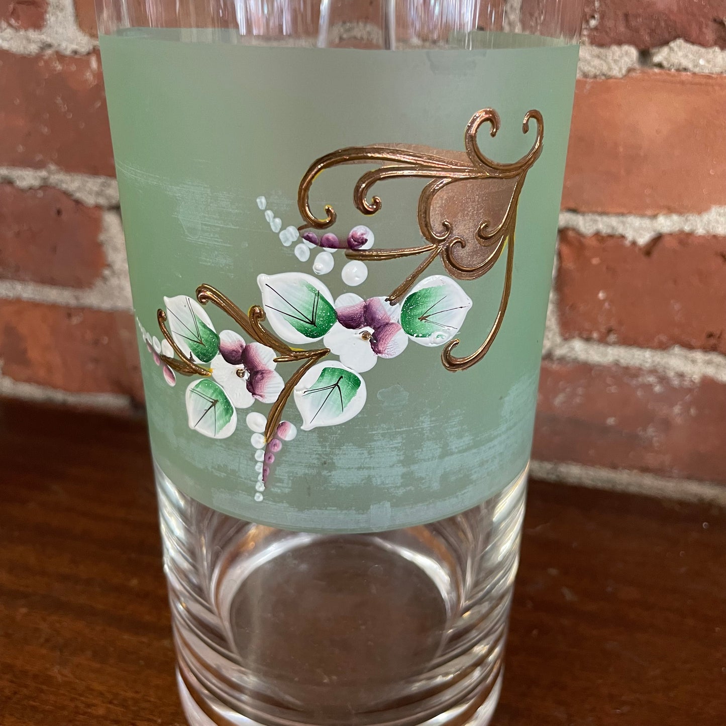 Vintage Bohemia Czech Green Glass Pitcher & Goblets Set, Hand Painted