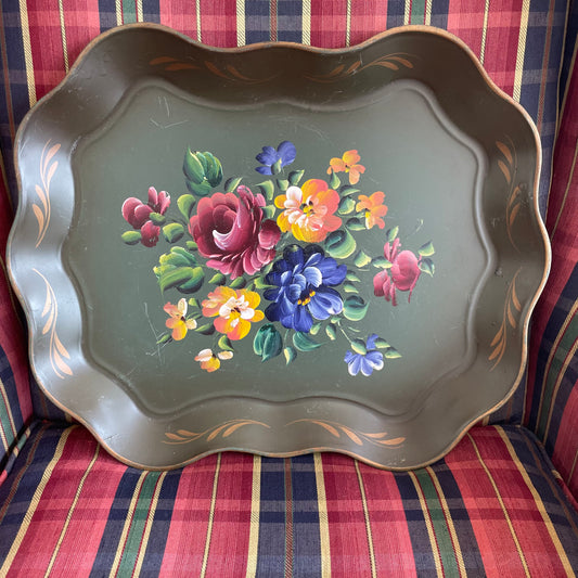 Hand-Painted Nashco Green Tole Tray with Floral Design, 1950s Vintage