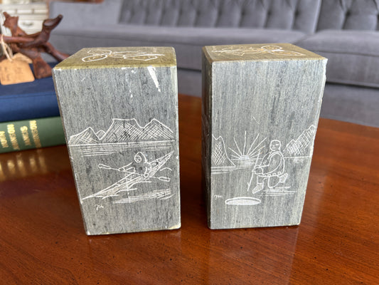 Authentic Inuit Carved Soapstone Bookends, Canada, Signed, Dimu, Trillium, 5" Tall Inuit Statues