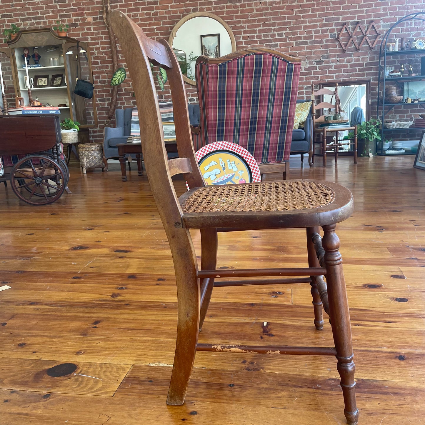 Vintage Wooden Cane Chair with Diamond-Back Detail