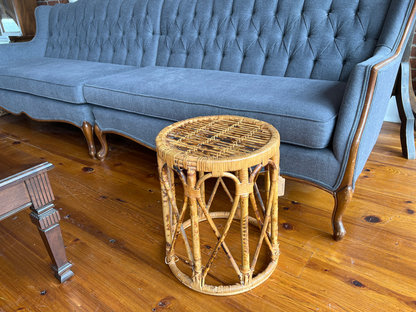 1960s Burnt Bamboo Drum Table – Tortoise Cane Plant Stand or Boho Side Table