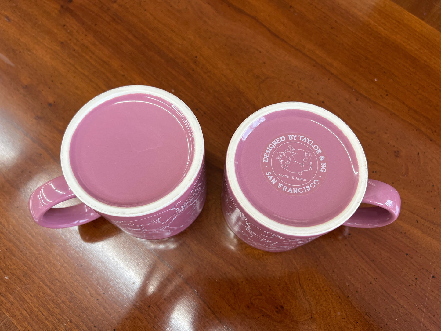 Taylor & Ng "Naughty Hippo" Mug Set, Pair — Pink, 1979, San Francisco Pop Kitchenware
