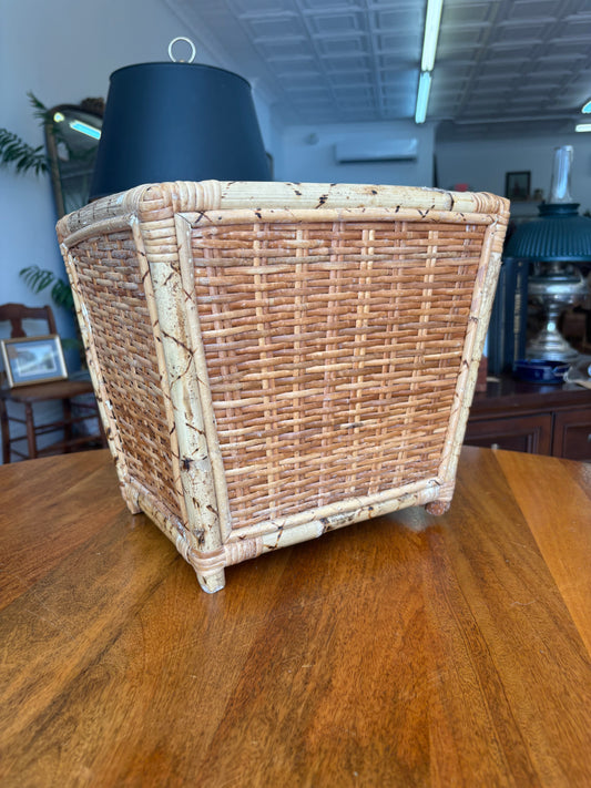 Vintage Bamboo & Wicker Wastebasket or Planter – Boho Mid-Century Charm