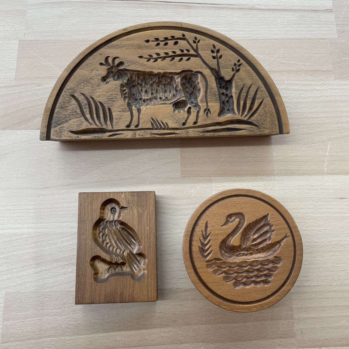 Gene Wilson hand-carved wooden springerle cookie molds — full set with stag, swan and bird designs