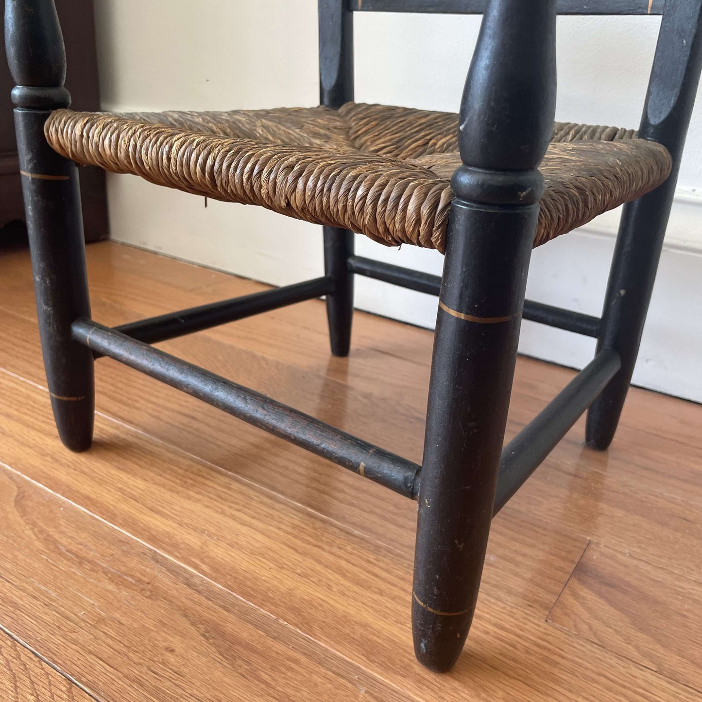 Vintage Hand-Painted Black Hitchcock Child's Chair with Rush Seat – photo 7 of 8
