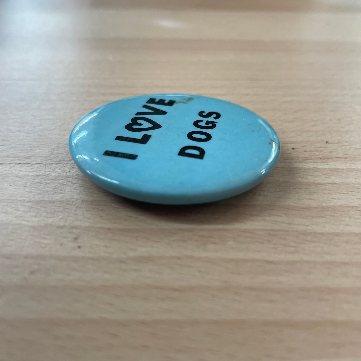 Vintage “I Love Dogs” Blue Pinback Button – 1970s Pet Lover Badge 1.75”