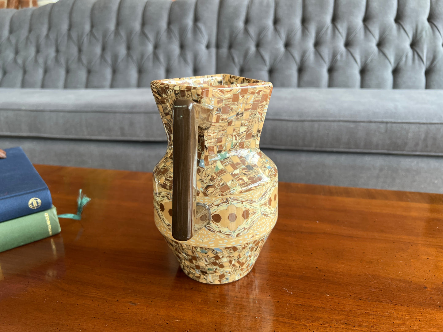 1930s Jean Gerbino Mosaic Pitcher – Vallauris France, Nerikomi Clay Art, 8″
