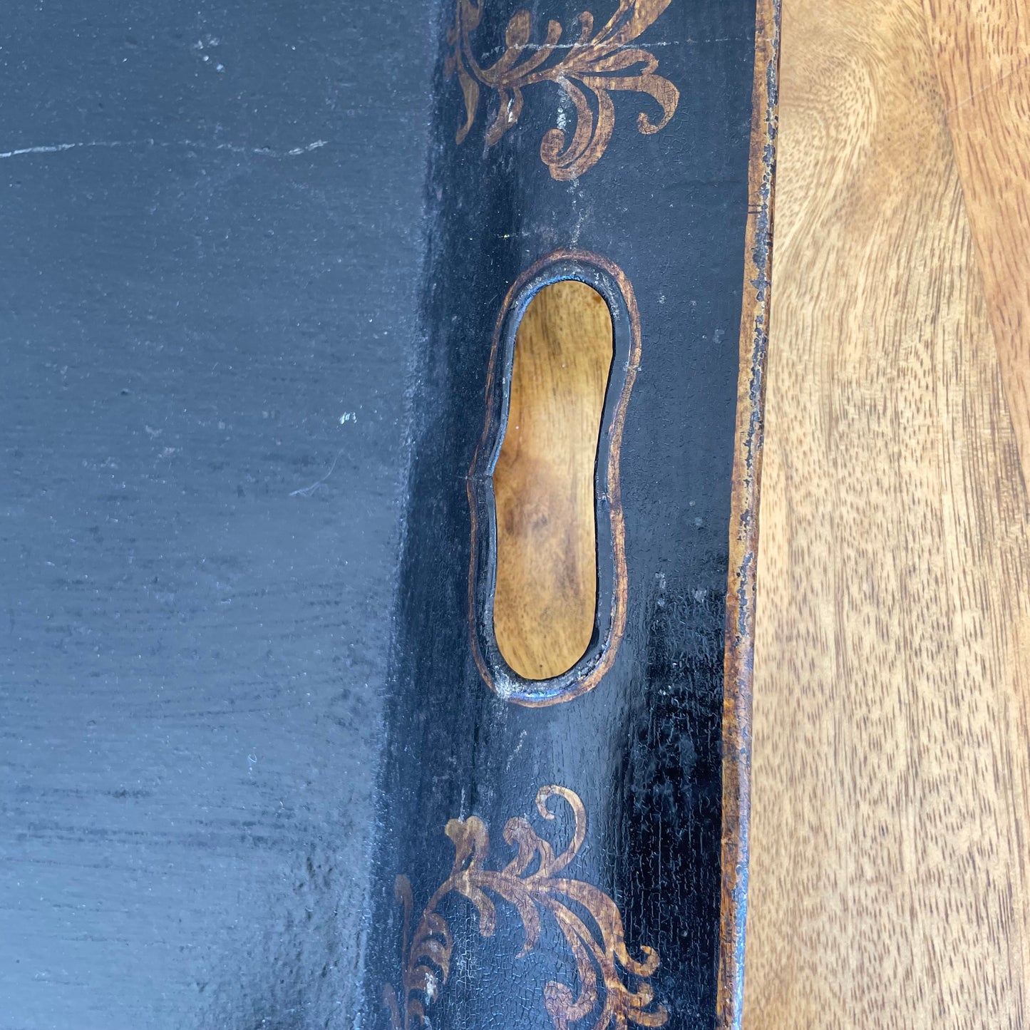 Oversized Hand-Painted Floral Tole Tray – Antique European Black Metal, 30″ x 21.75″