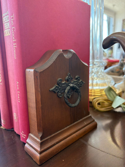 Traditional Wood Bookends with Decorative Metal Knockers, Set of 2