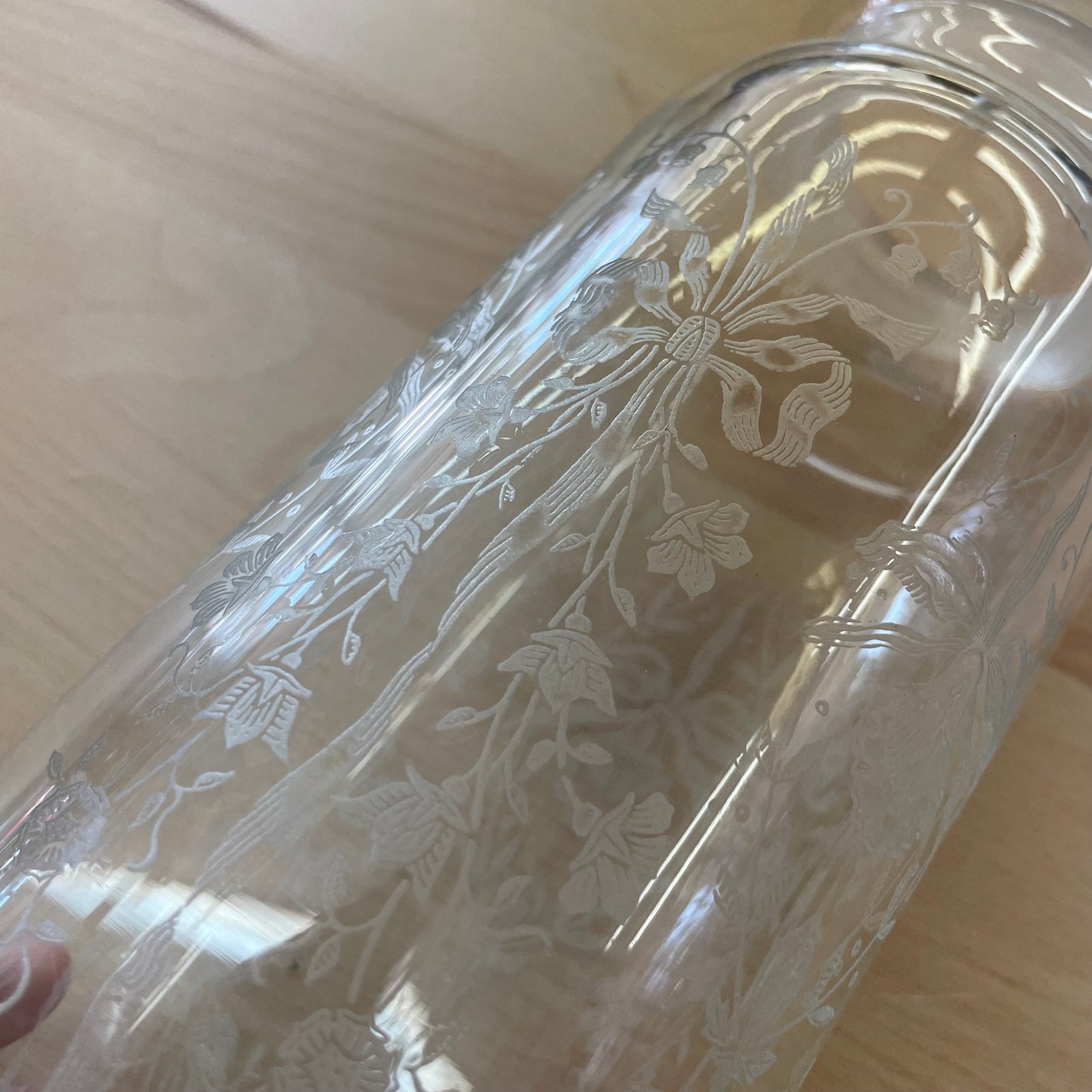 Tall Etched Glass Decanter with Stopper, Floral Design