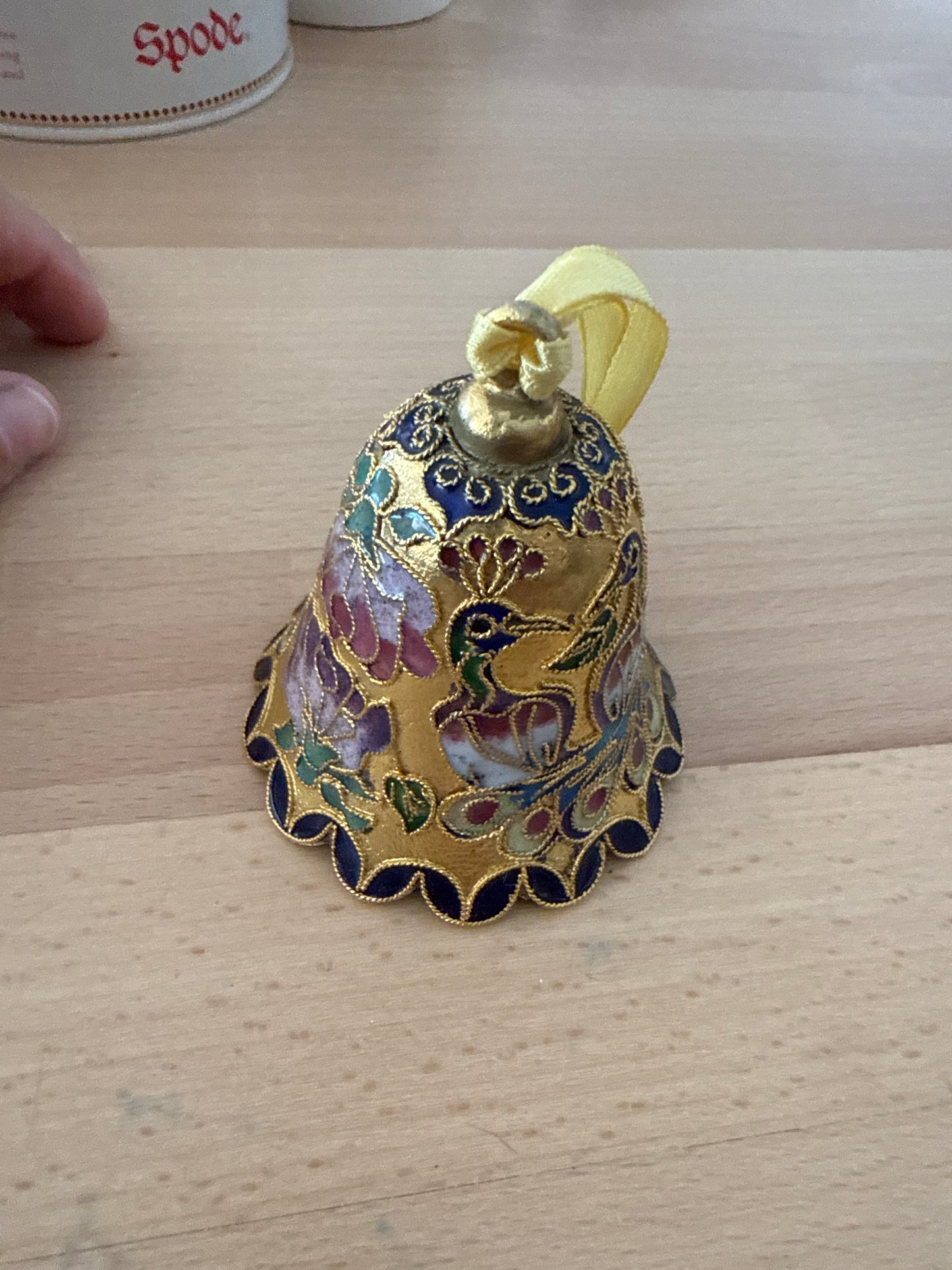 Cloisonné Enamel Peacock & Floral Christmas Bell Ornament – Gold and Jewel Tones