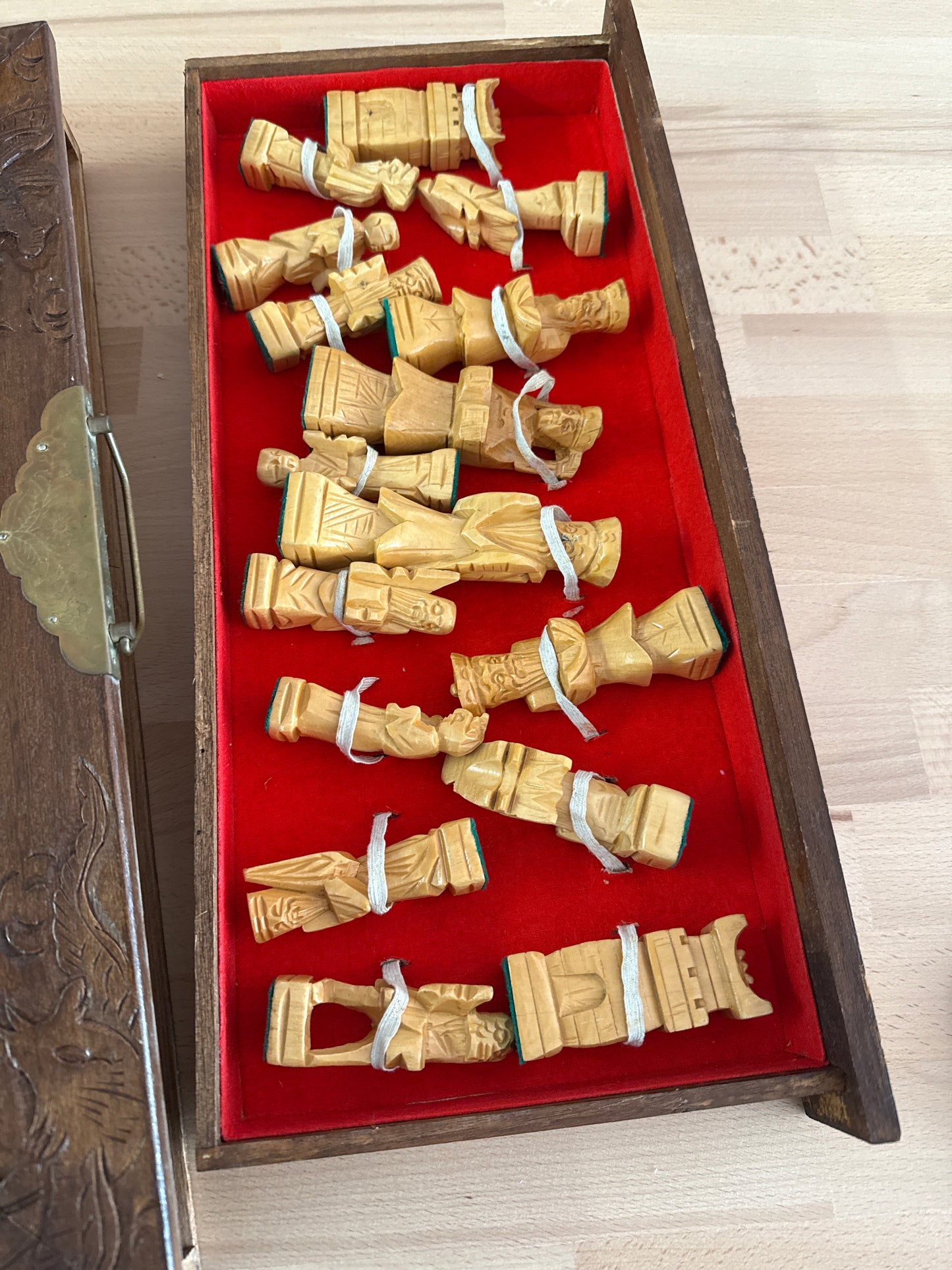 Hand-Carved Wooden Chess Set – Folding 18″ Board w/ Drawers & Brass Handles