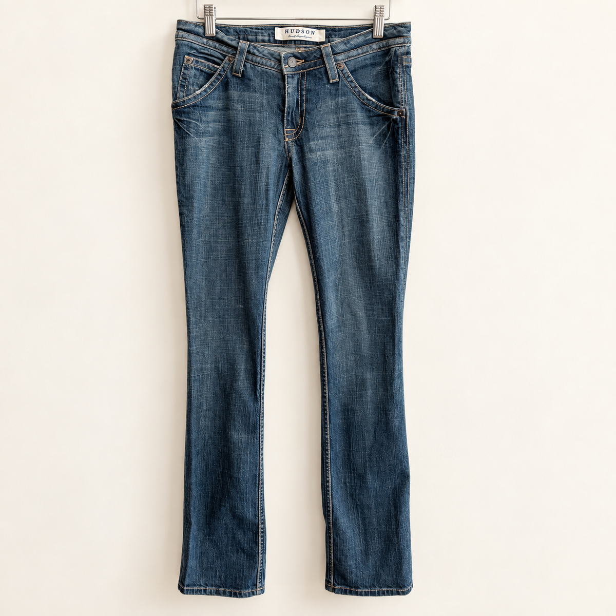 Vintage Y2K Hudson Low-Rise Bootcut Jeans — Union Jack Flap Pockets, Size 28
