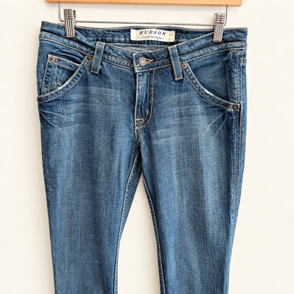Vintage Y2K Hudson Low-Rise Bootcut Jeans — Union Jack Flap Pockets, Size 28