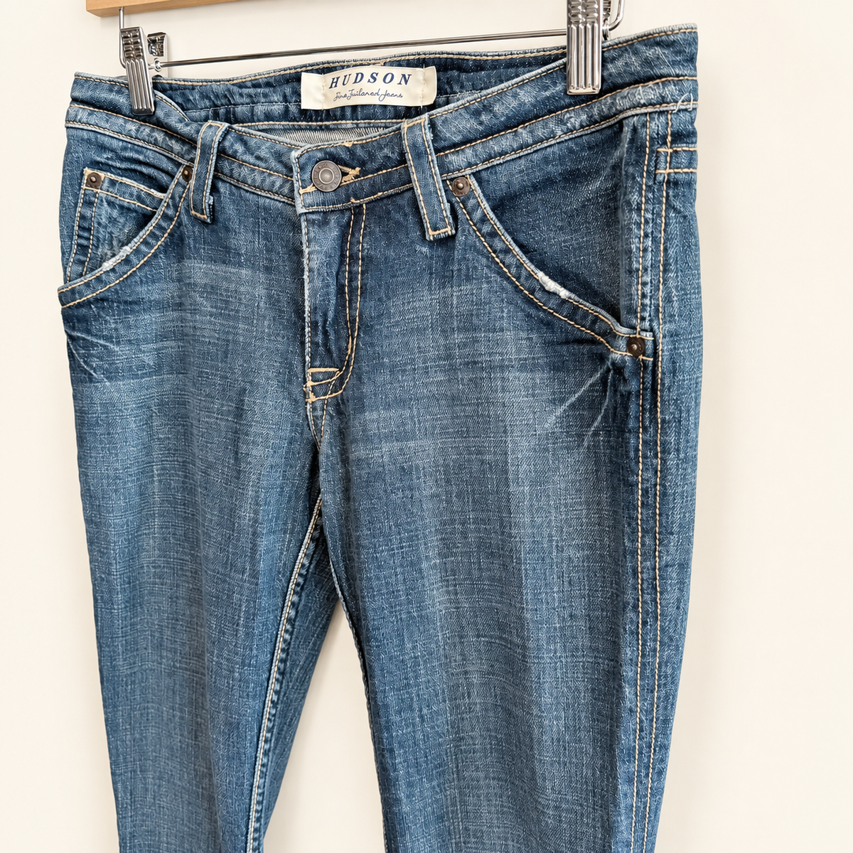 Vintage Y2K Hudson Low-Rise Bootcut Jeans — Union Jack Flap Pockets, Size 28