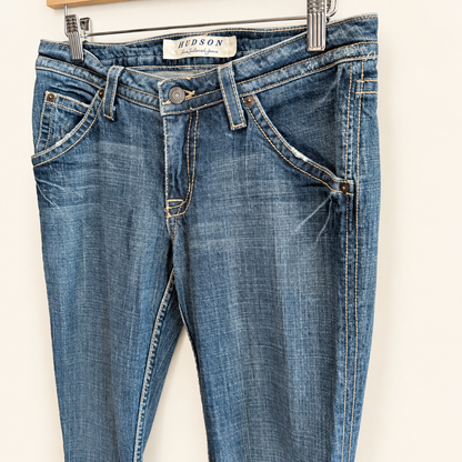 Vintage Y2K Hudson Low-Rise Bootcut Jeans — Union Jack Flap Pockets, Size 28