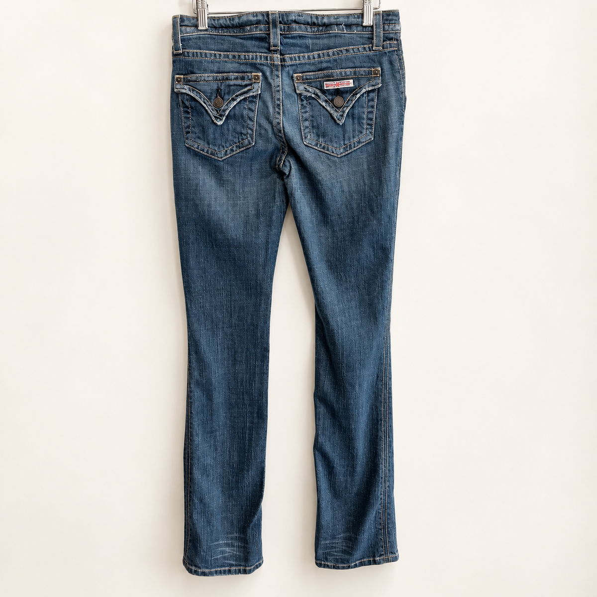 Vintage Y2K Hudson Low-Rise Bootcut Jeans — Union Jack Flap Pockets, Size 28