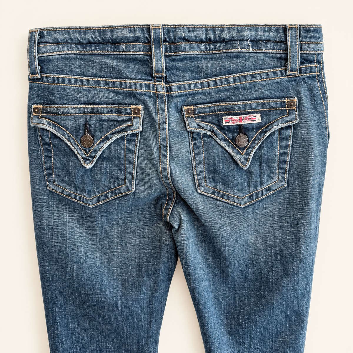 Vintage Y2K Hudson Low-Rise Bootcut Jeans — Union Jack Flap Pockets, Size 28