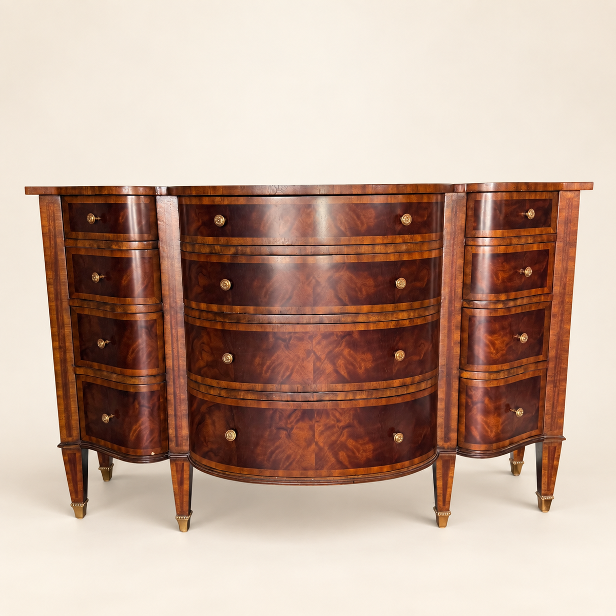 Maitland-Smith flame mahogany bowfront demilune commode, front view