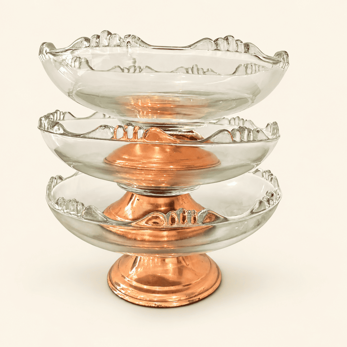 Princess House Glass Pedestal Compote — Scalloped Edge, Copper Base