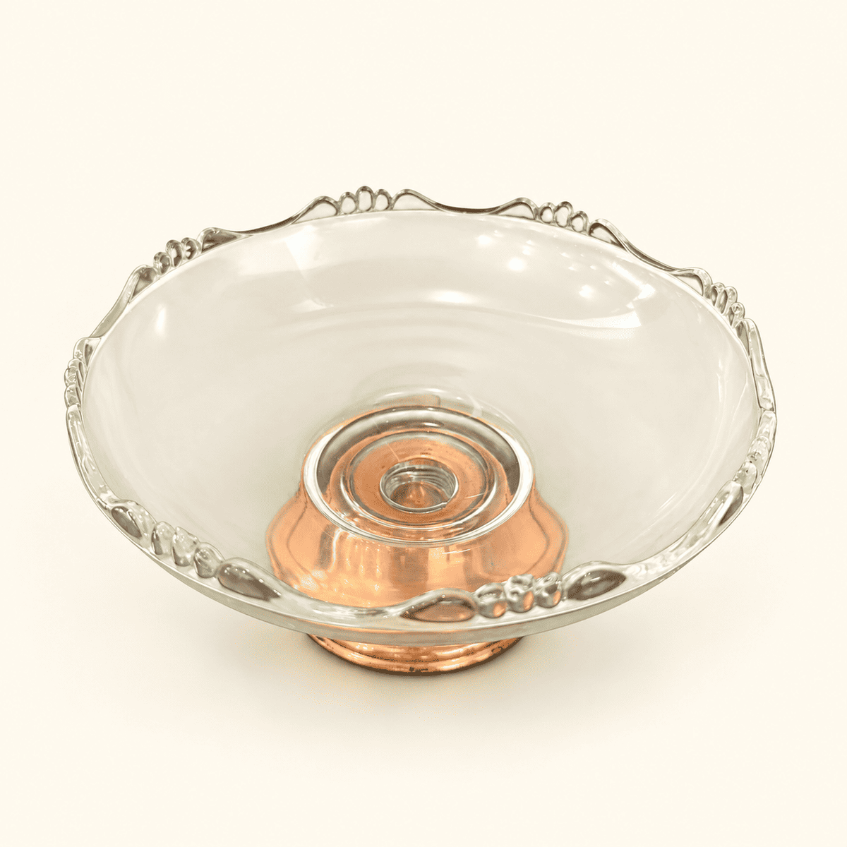 Princess House Glass Pedestal Compote — Scalloped Edge, Copper Base