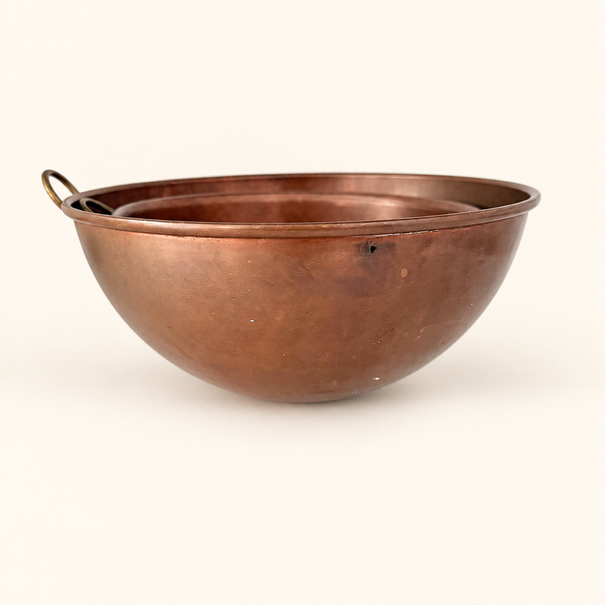 Set of 3 Graduated Copper Beating Bowls with Brass Ring Handles