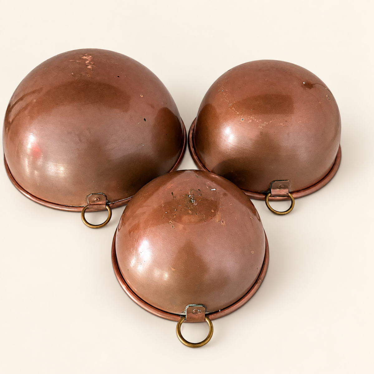 Set of 3 Graduated Copper Beating Bowls with Brass Ring Handles