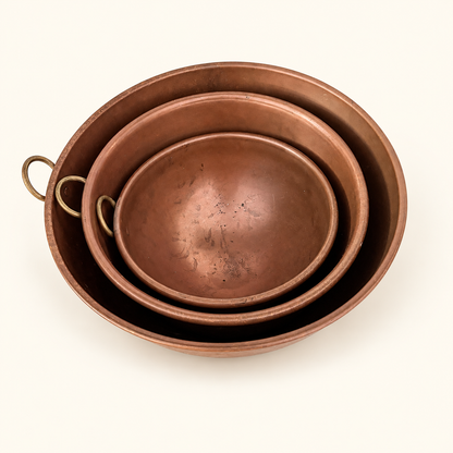 Set of 3 Graduated Copper Beating Bowls with Brass Ring Handles