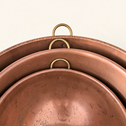 Set of 3 Graduated Copper Beating Bowls with Brass Ring Handles