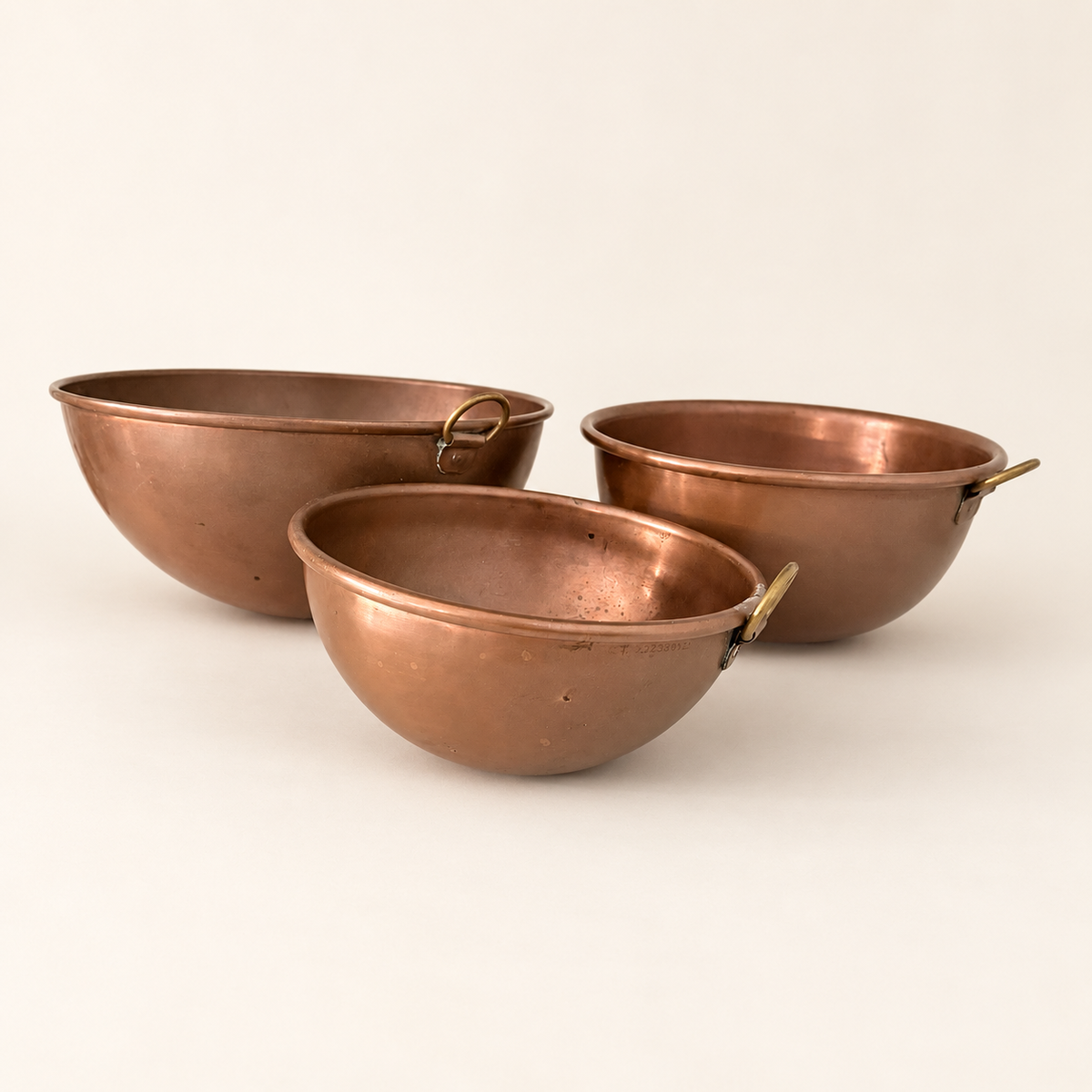 Set of 3 Graduated Copper Beating Bowls with Brass Ring Handles