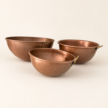 Set of 3 Graduated Copper Beating Bowls with Brass Ring Handles