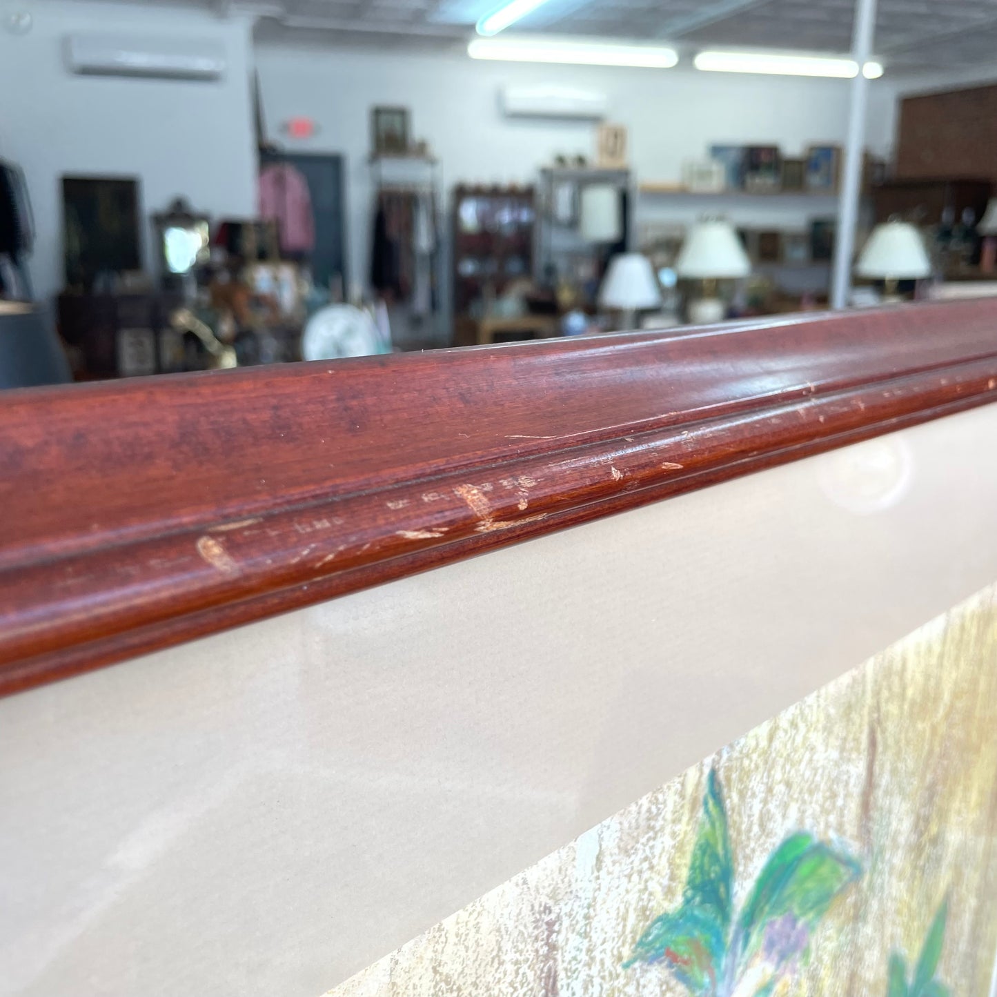 Pastel Still Life by Edith Austin – 1968 Signed, Framed Artwork of Greenery in Blue Vase