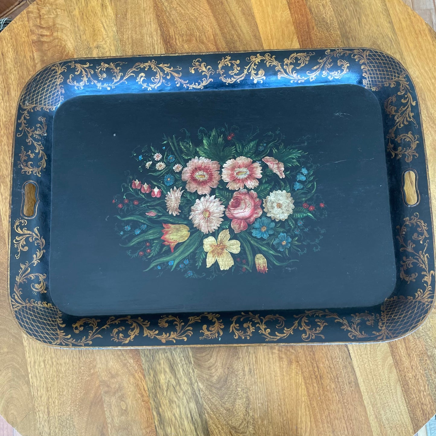 Oversized Hand-Painted Floral Tole Tray – Antique European Black Metal, 30″ x 21.75″