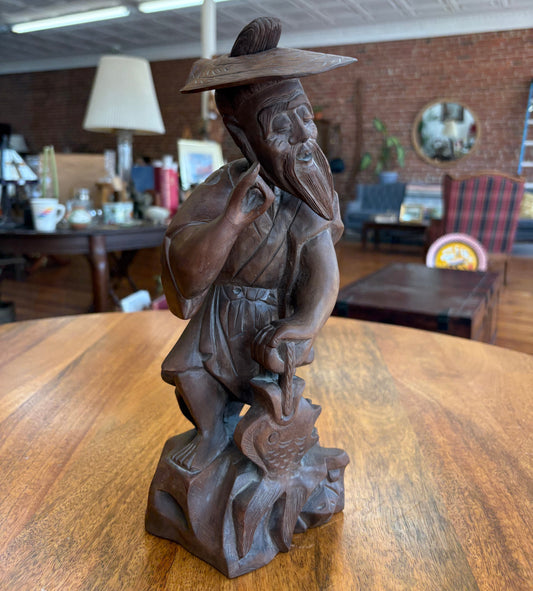 Vintage Chinese Fisherman Wood Carving – Removable Hat, Red Cedar, 12″ Tall
